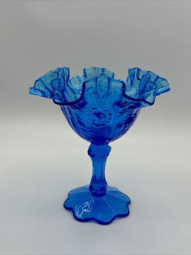 FENTON glass colonial blue cabbage rose compote ruffled Dish