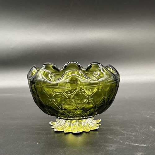 Indiana Glass Co Avocado Green Diamond Point Bowl Pedestal Candy Dish Vintage