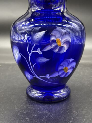Fenton Cobalt Blue Morning Glories Hand Painted Vase 6.5” T