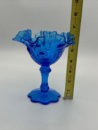 FENTON glass colonial blue cabbage rose compote ruffled Dish