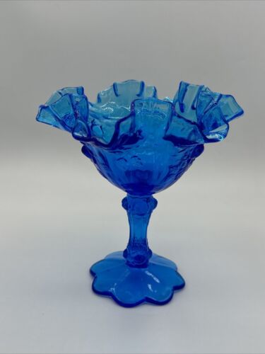 FENTON glass colonial blue cabbage rose compote ruffled Dish