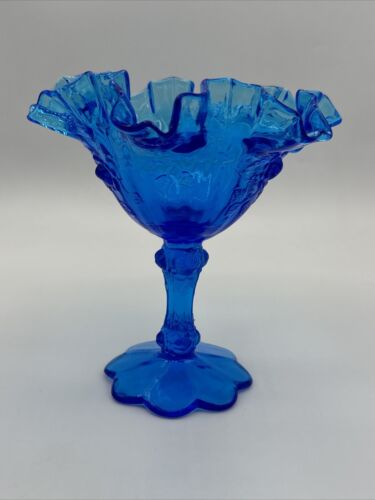 FENTON glass colonial blue cabbage rose compote ruffled Dish
