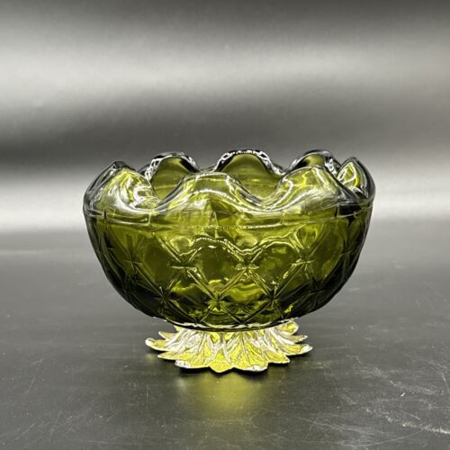 Indiana Glass Co Avocado Green Diamond Point Bowl Pedestal Candy Dish Vintage