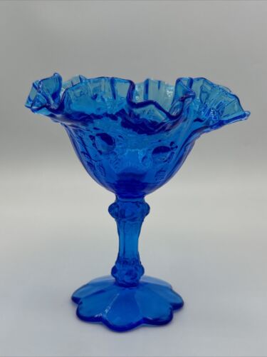 FENTON glass colonial blue cabbage rose compote ruffled Dish