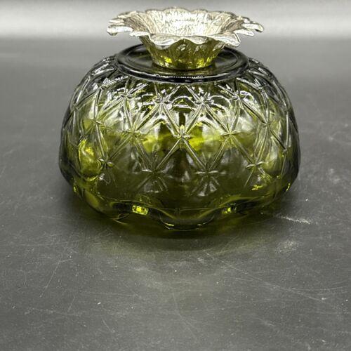 Indiana Glass Co Avocado Green Diamond Point Bowl Pedestal Candy Dish Vintage