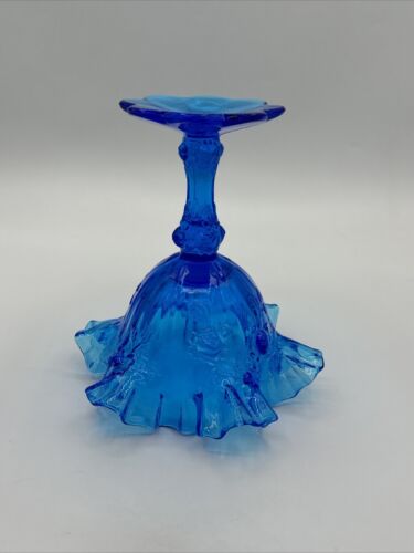 FENTON glass colonial blue cabbage rose compote ruffled Dish