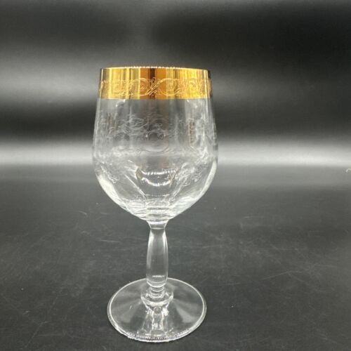 Rare Vtg Italy Needle Etched Gold Rim Crystal Wine Glasses Hand crafted Set Of 4
