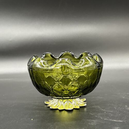 Indiana Glass Co Avocado Green Diamond Point Bowl Pedestal Candy Dish Vintage