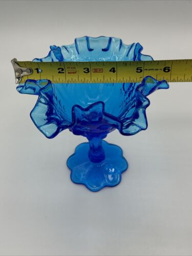 FENTON glass colonial blue cabbage rose compote ruffled Dish