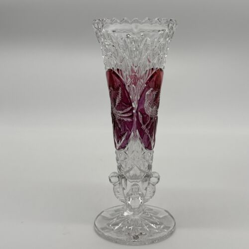 Vintage West Germany Hofbauer Byrdes Lead Crystal Red Bird Vase Clear Glass 7"