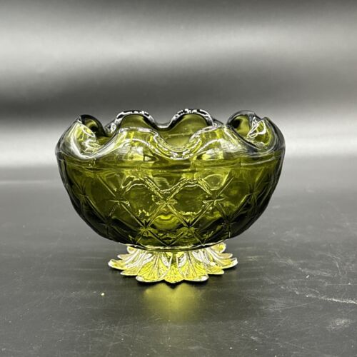 Indiana Glass Co Avocado Green Diamond Point Bowl Pedestal Candy Dish Vintage