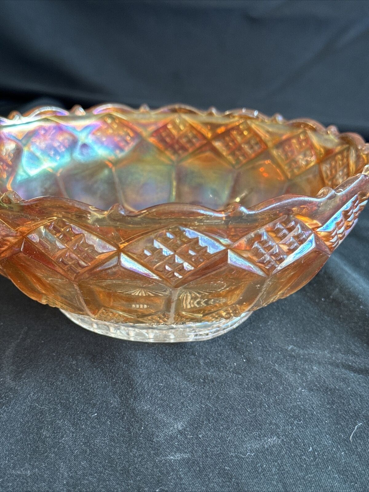 Vintage Marigold Carnival Glass Diamond Point Bowl