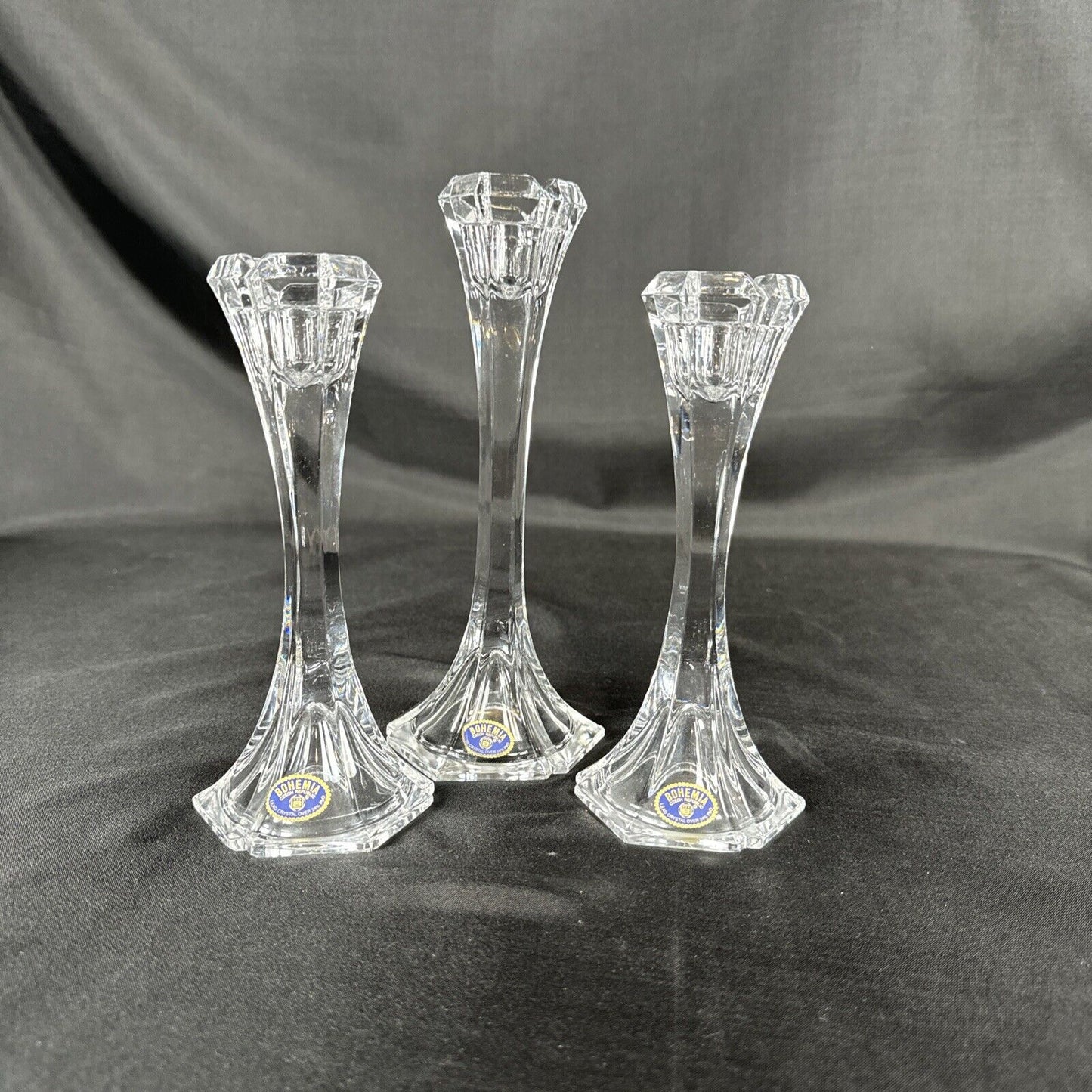 Bohemian Czech Vintage Crystal Candle Stick Trio Hand Cut Two 7" and One 8"