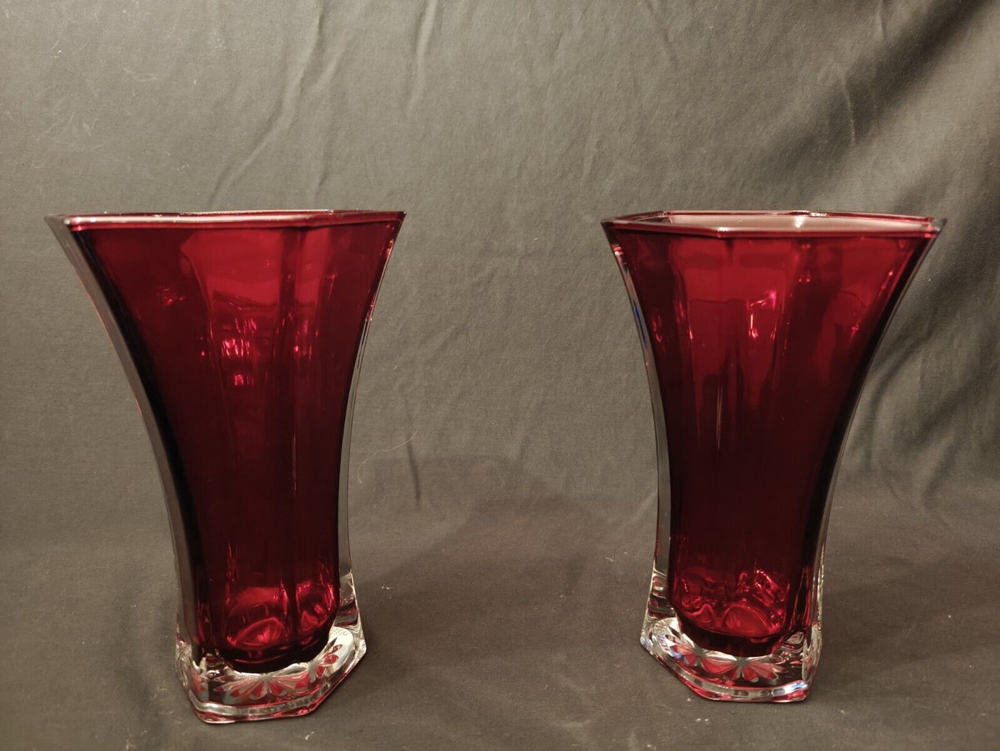 Two Cranberry Glass Ruby Red 9” Tall Hexagonal Vase Six Sided