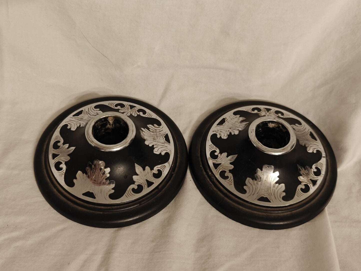 Two Satin Black Harvite/Silver Inlaid Candle Holders