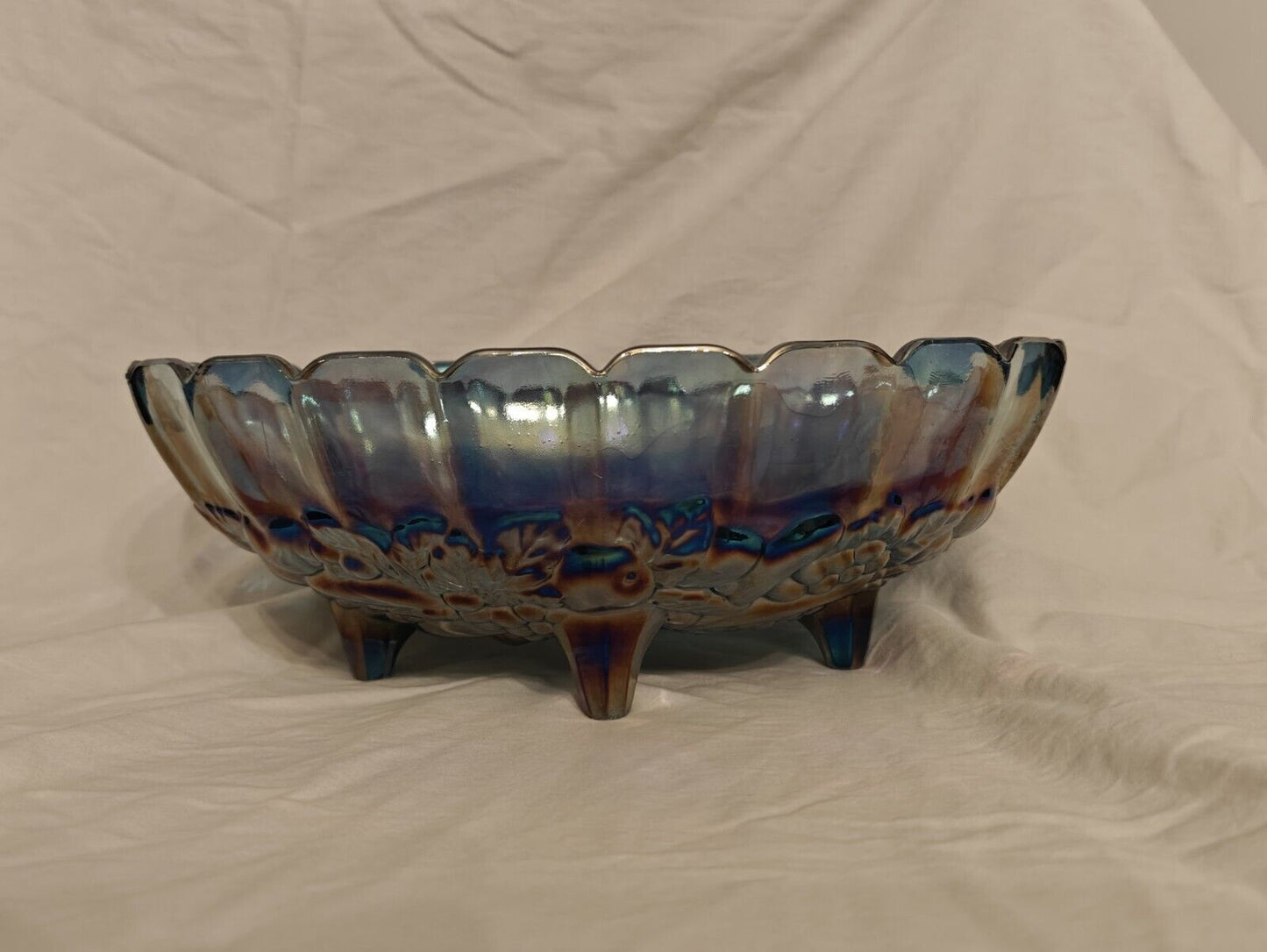 Iridescent Blue Harvest Carnival Grape Vintage Indiana Glass Fruit Bowl Footed