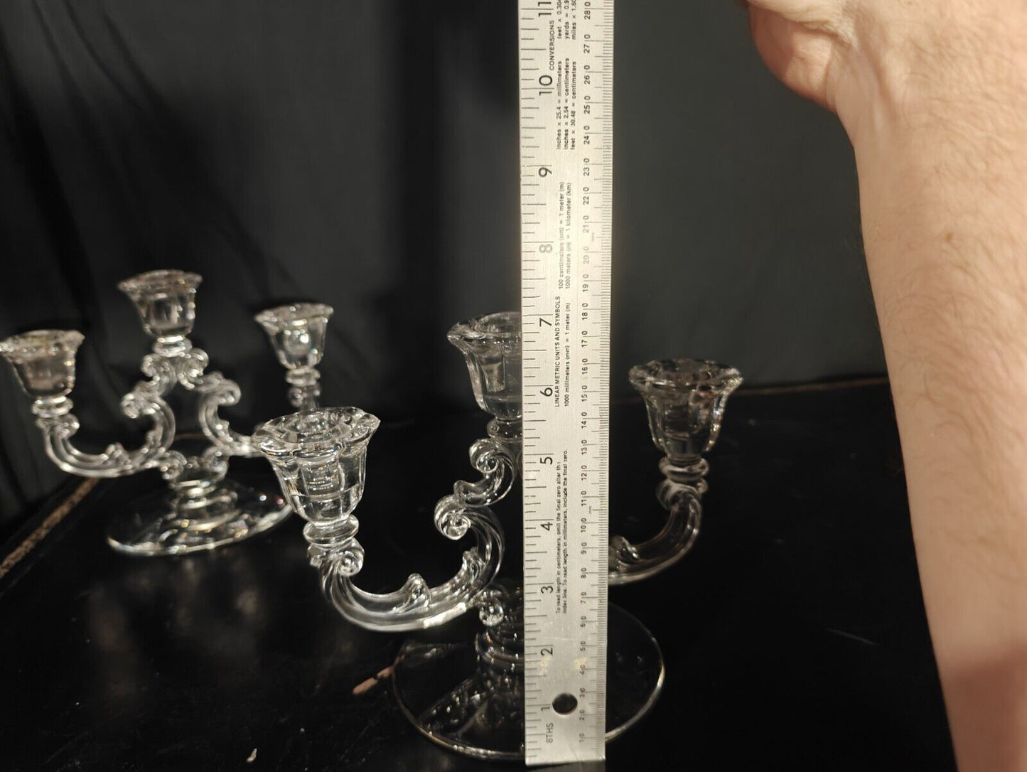 Pair of Vintage Crystal Clear Glass Candelabra, Cambridge Double Light Branched