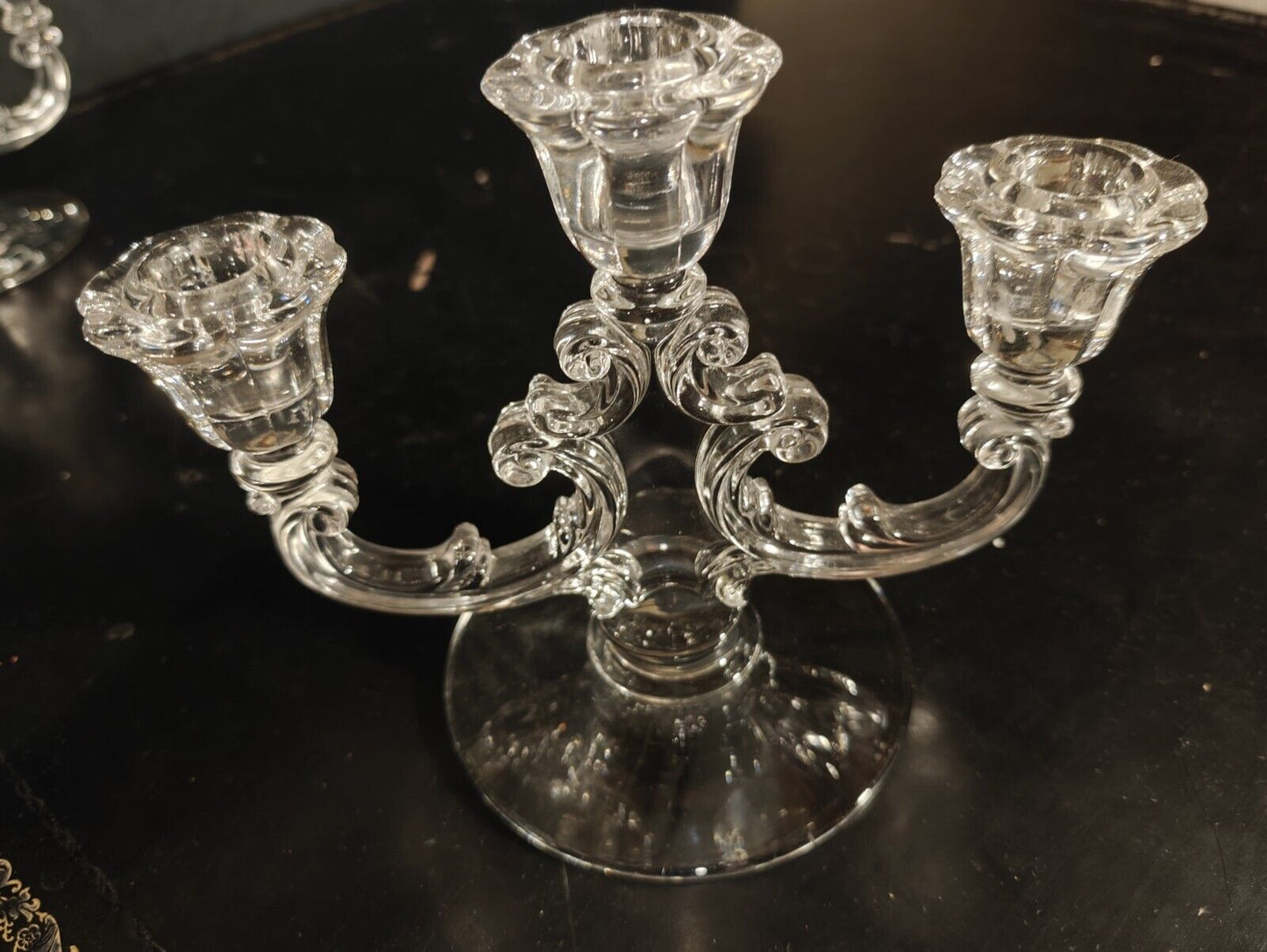 Pair of Vintage Crystal Clear Glass Candelabra, Cambridge Double Light Branched