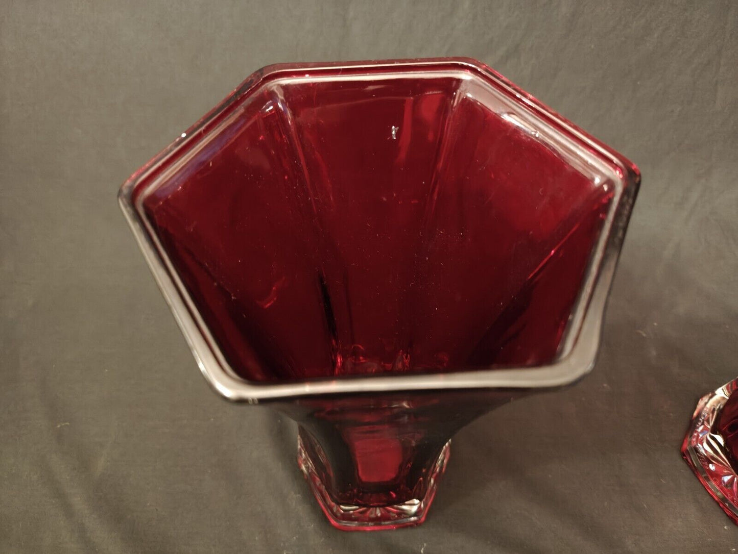 Two Cranberry Glass Ruby Red 9” Tall Hexagonal Vase Six Sided