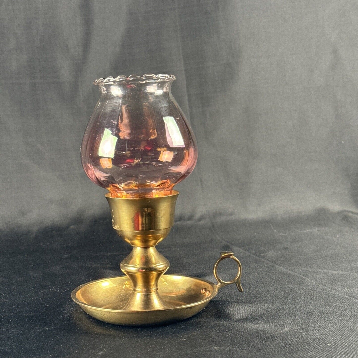 Vintage Brass Chamberstick Pink Tone Glass Globe Candle Holder