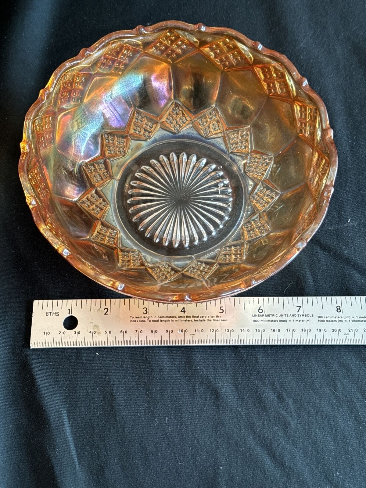 Vintage Marigold Carnival Glass Diamond Point Bowl