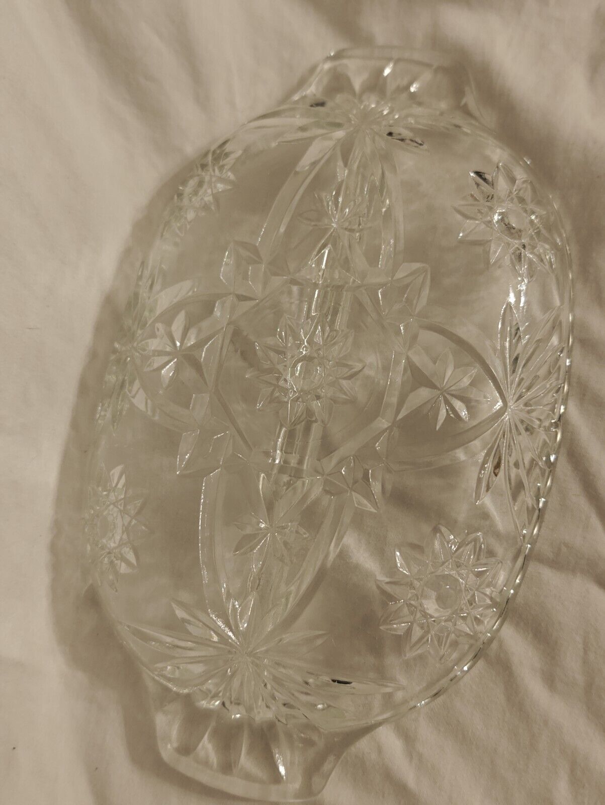Anchor Hocking Oval Divided Cut Glass Relish Dish w/Handles Stars & Bars Clear
