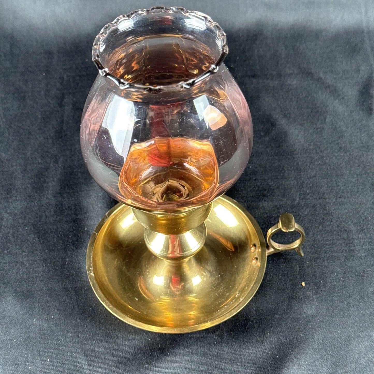 Vintage Brass Chamberstick Pink Tone Glass Globe Candle Holder