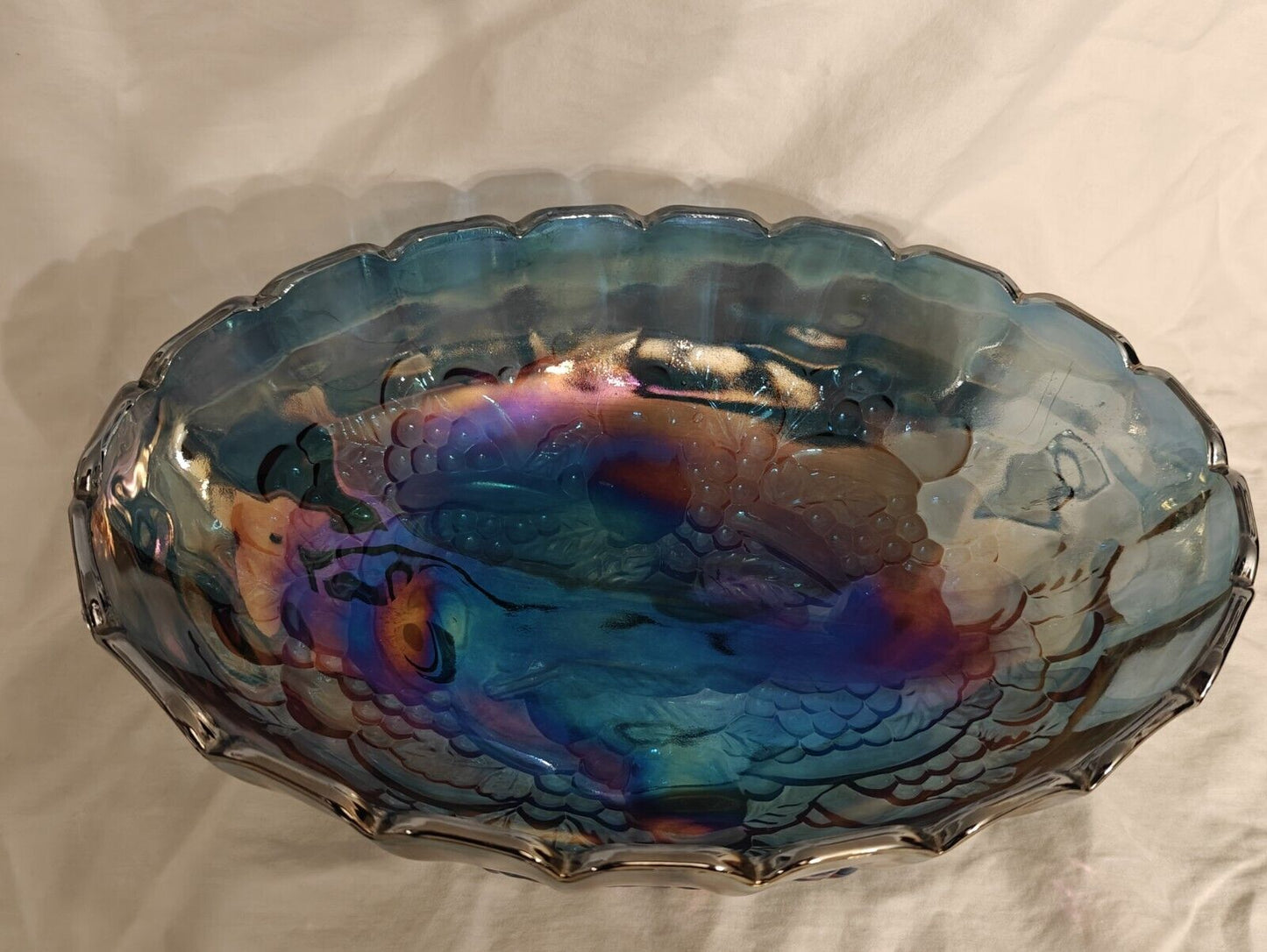Iridescent Blue Harvest Carnival Grape Vintage Indiana Glass Fruit Bowl Footed