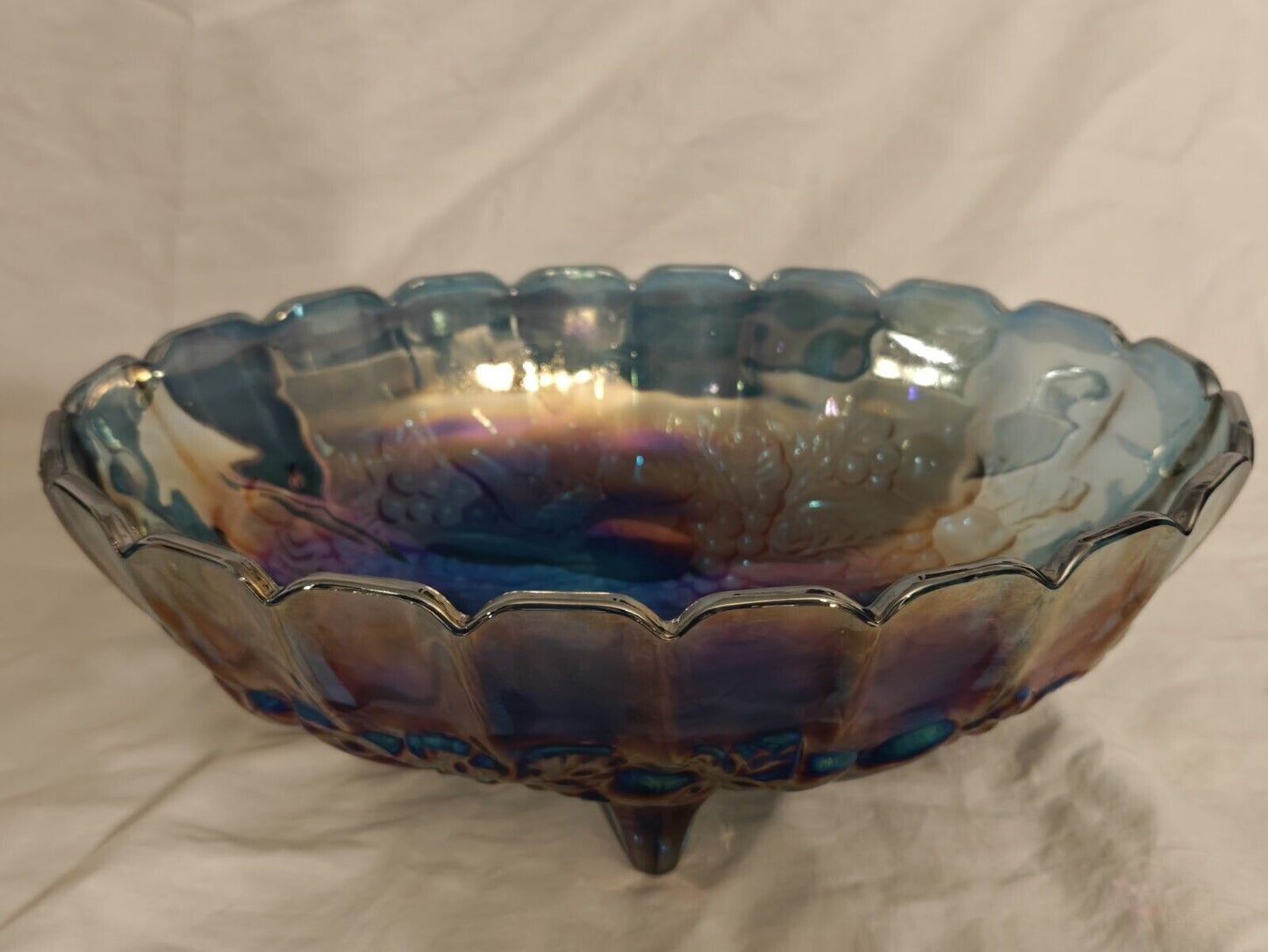 Iridescent Blue Harvest Carnival Grape Vintage Indiana Glass Fruit Bowl Footed
