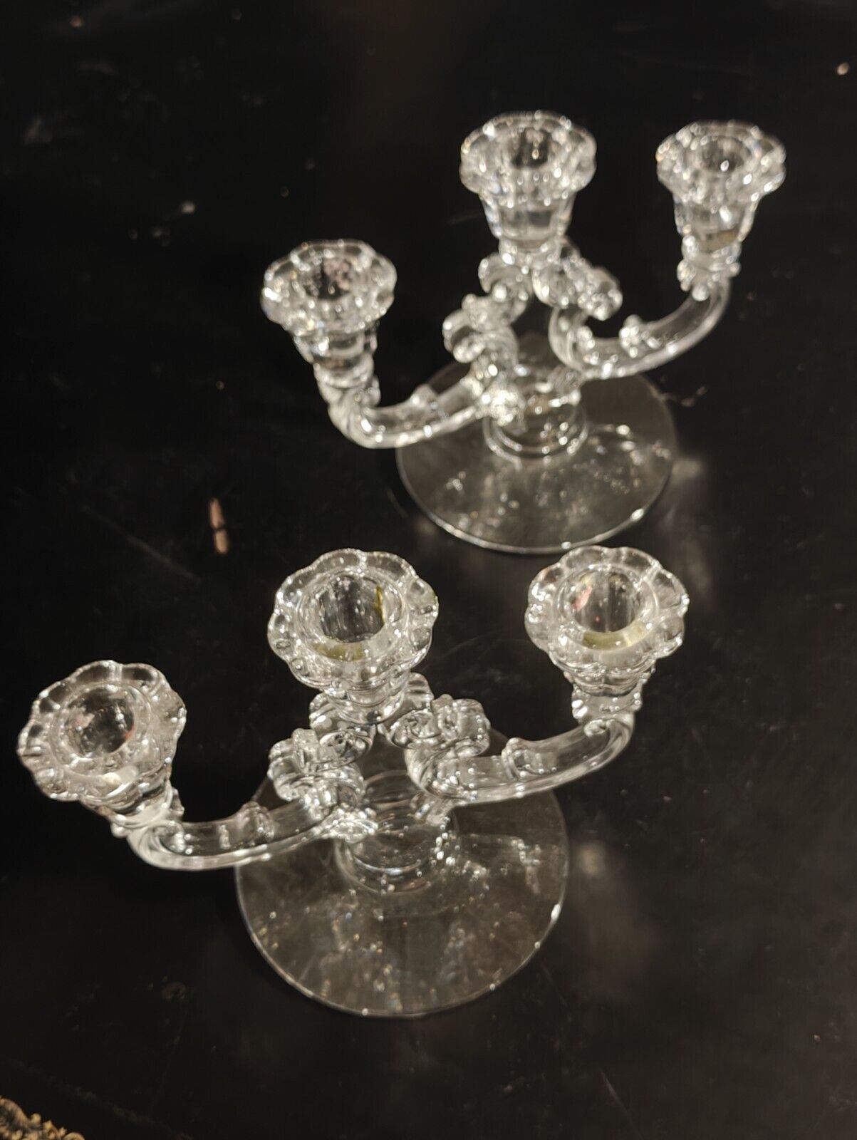 Pair of Vintage Crystal Clear Glass Candelabra, Cambridge Double Light Branched