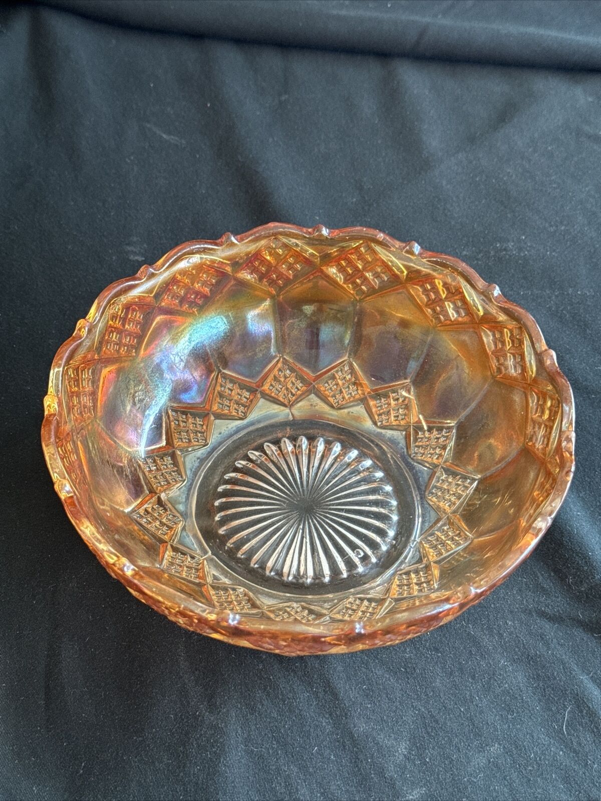 Vintage Marigold Carnival Glass Diamond Point Bowl