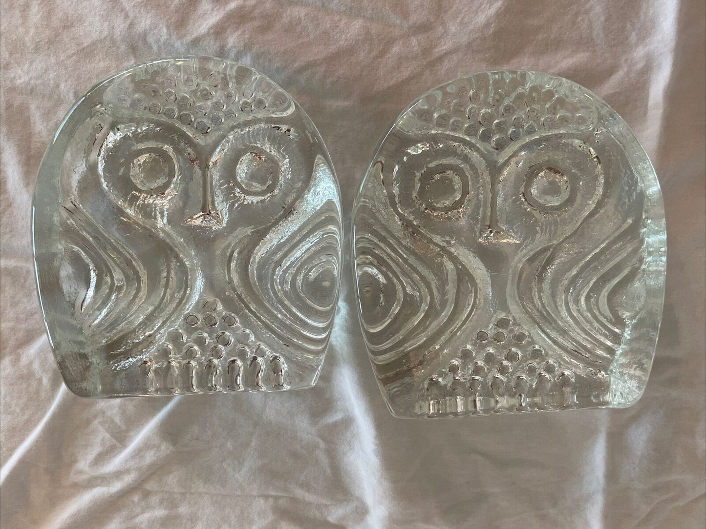 Pair of Vintage Owl Bookends Pilgrim Handblown Clear Art Glass MCM