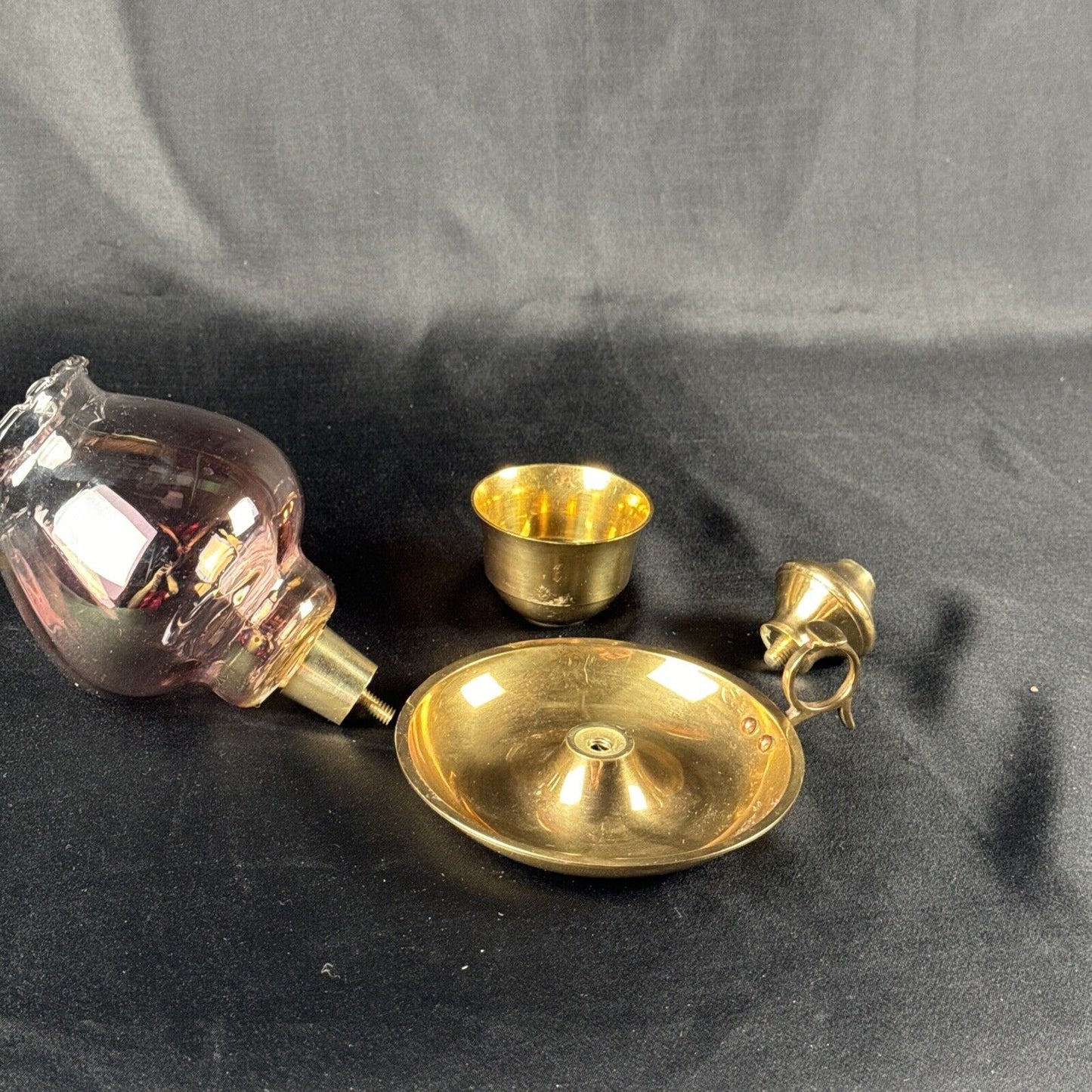 Vintage Brass Chamberstick Pink Tone Glass Globe Candle Holder