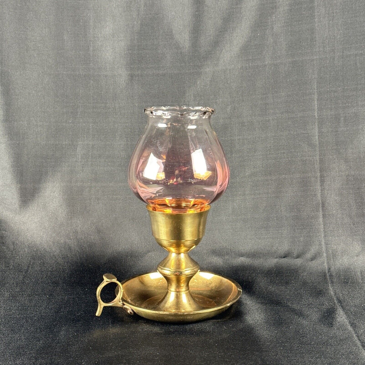 Vintage Brass Chamberstick Pink Tone Glass Globe Candle Holder