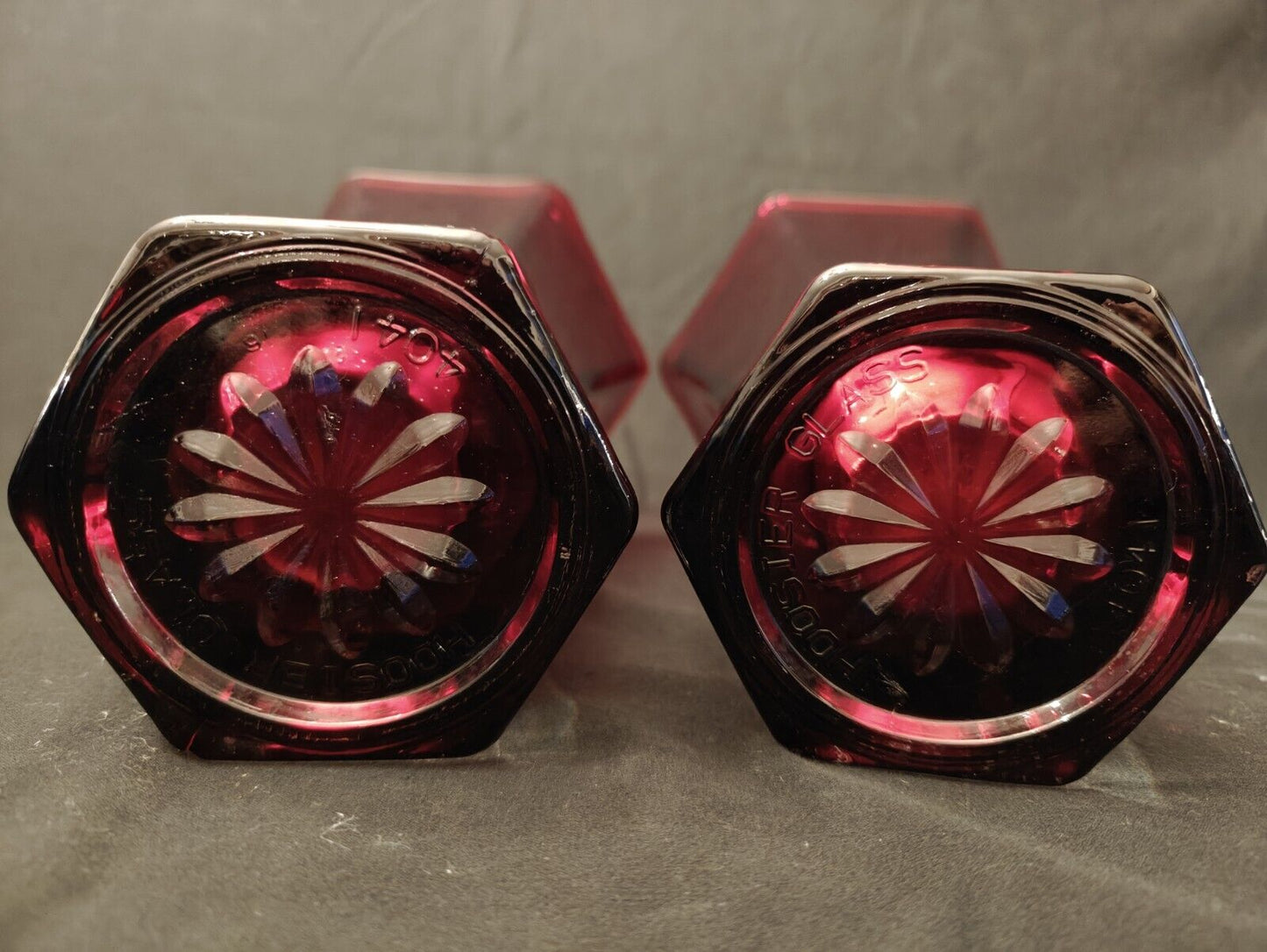 Two Cranberry Glass Ruby Red 9” Tall Hexagonal Vase Six Sided