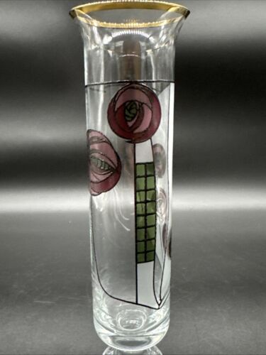 Italian Egizia Omaggio Bud Vase Signed by Charles R Mackintosh Art Glass w/Roses