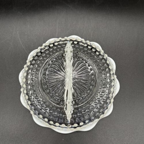 Vintage Anchor Hocking Opalescent Moonstone Hobnail Glass Divide Dish Bowl