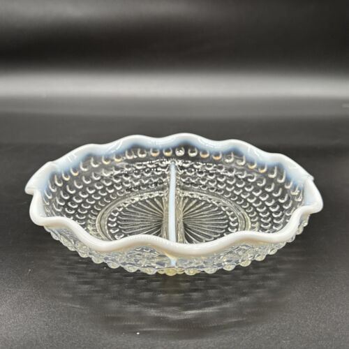 Vintage Anchor Hocking Opalescent Moonstone Hobnail Glass Divide Dish Bowl