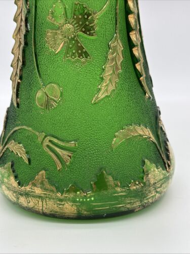 Antique EAPG Green Delaware Vase w Gilt Thistles