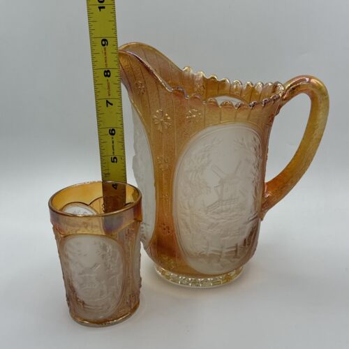 Imperial Carnival Glass Marigold Frosted Windmill/Boat Scenes Pitcher W/ 10 Cups