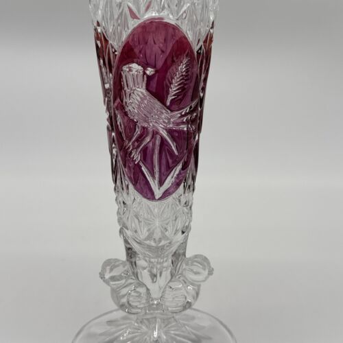 Vintage West Germany Hofbauer Byrdes Lead Crystal Red Bird Vase Clear Glass 7"