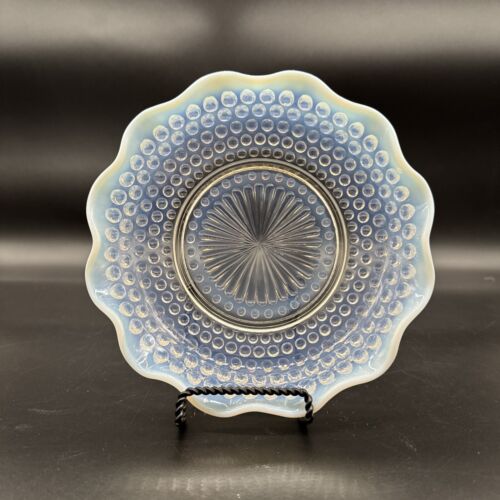 Anchor Hocking Moonstone Opalescent Hobnail Crimped 7 1/2” Glass Bowl