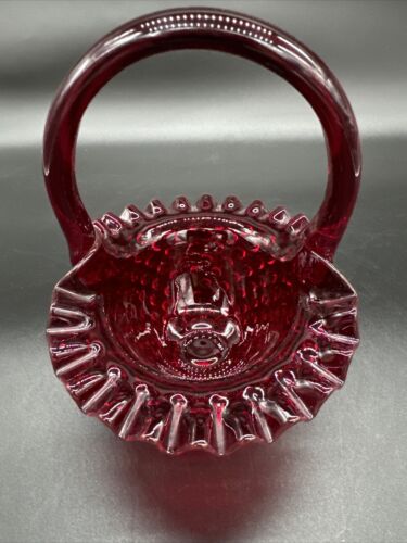 Fenton Glass Basket Ruby Red Amberina Base Hobnail Crimped Edge