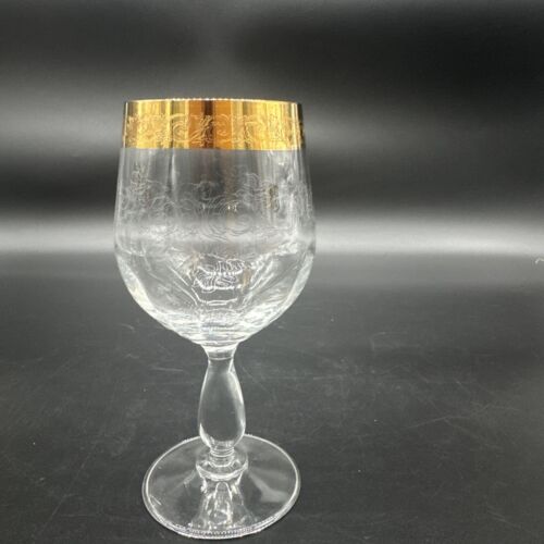 Rare Vtg Italy Needle Etched Gold Rim Crystal Wine Glasses Hand crafted Set Of 4