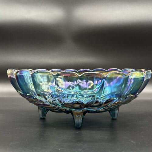 Vintage Blue Carnival Glass Iridescent Finish Large Footed Oval Fruit Bowl