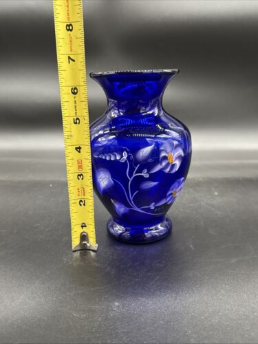 Fenton Cobalt Blue Morning Glories Hand Painted Vase 6.5” T