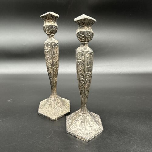 E.& J. B. Dutch Silver Motif Candle Stick Holders 10" Antique Pair