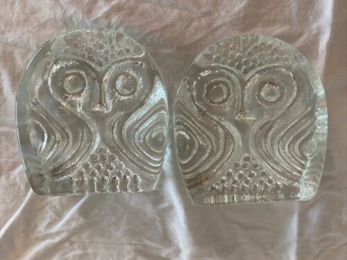 Pair of Vintage Owl Bookends, Pilgrim - Clear Art Glass, MCM