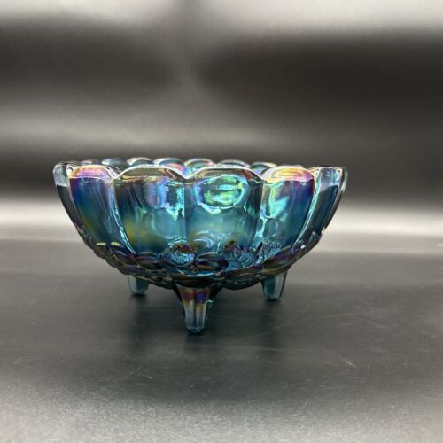 Vintage Blue Carnival Glass Iridescent Finish Large Footed Oval Fruit Bowl