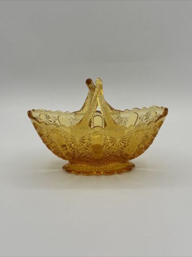 Vintage Fenton amber Glass split handle Basket Button & Daisy